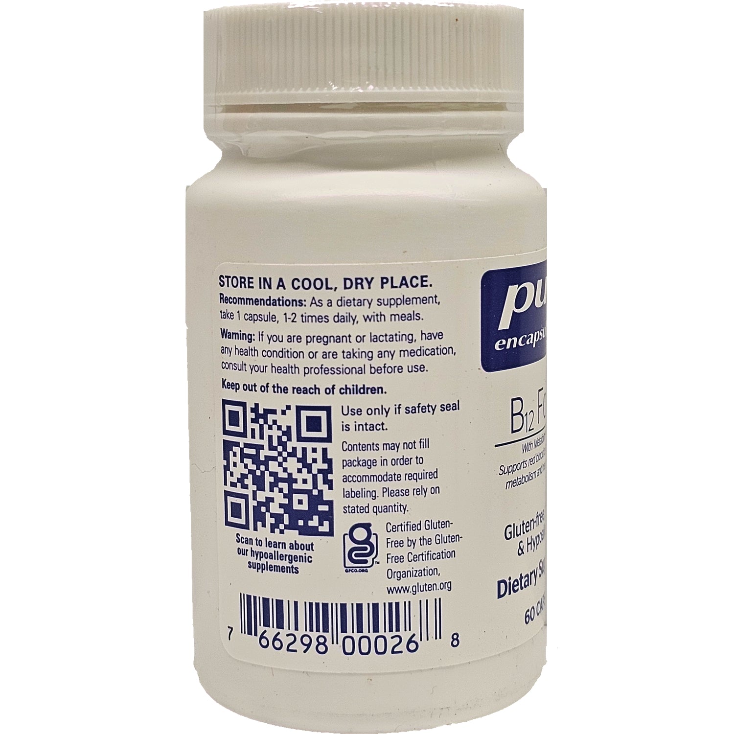 PRN012 | back label of supplement bottle showing STORE IN A COOL, DRY PLACE text, QR code and barcode