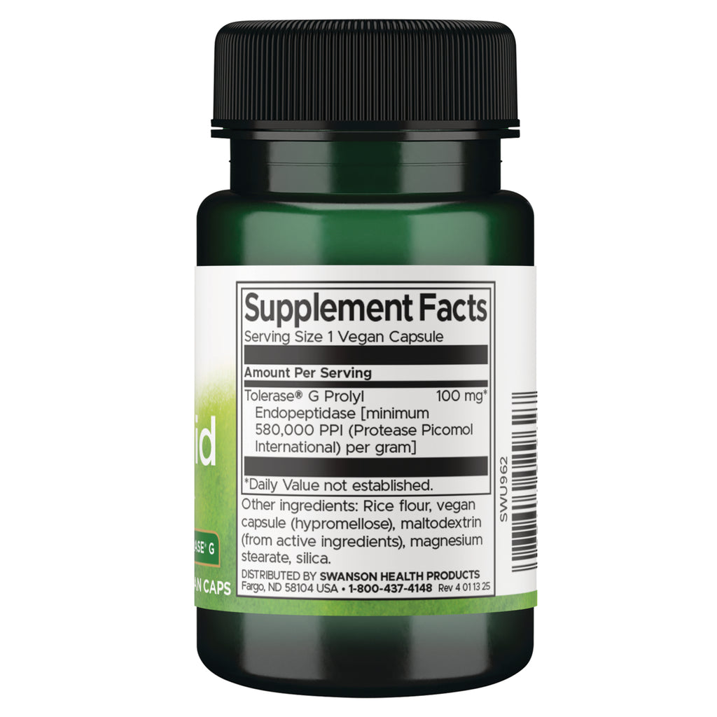 SWU962 | Back label with Supplement Facts for vegan capsule; Tolerase G Prolyl 100 mg and other ingredients list - Thumbnail