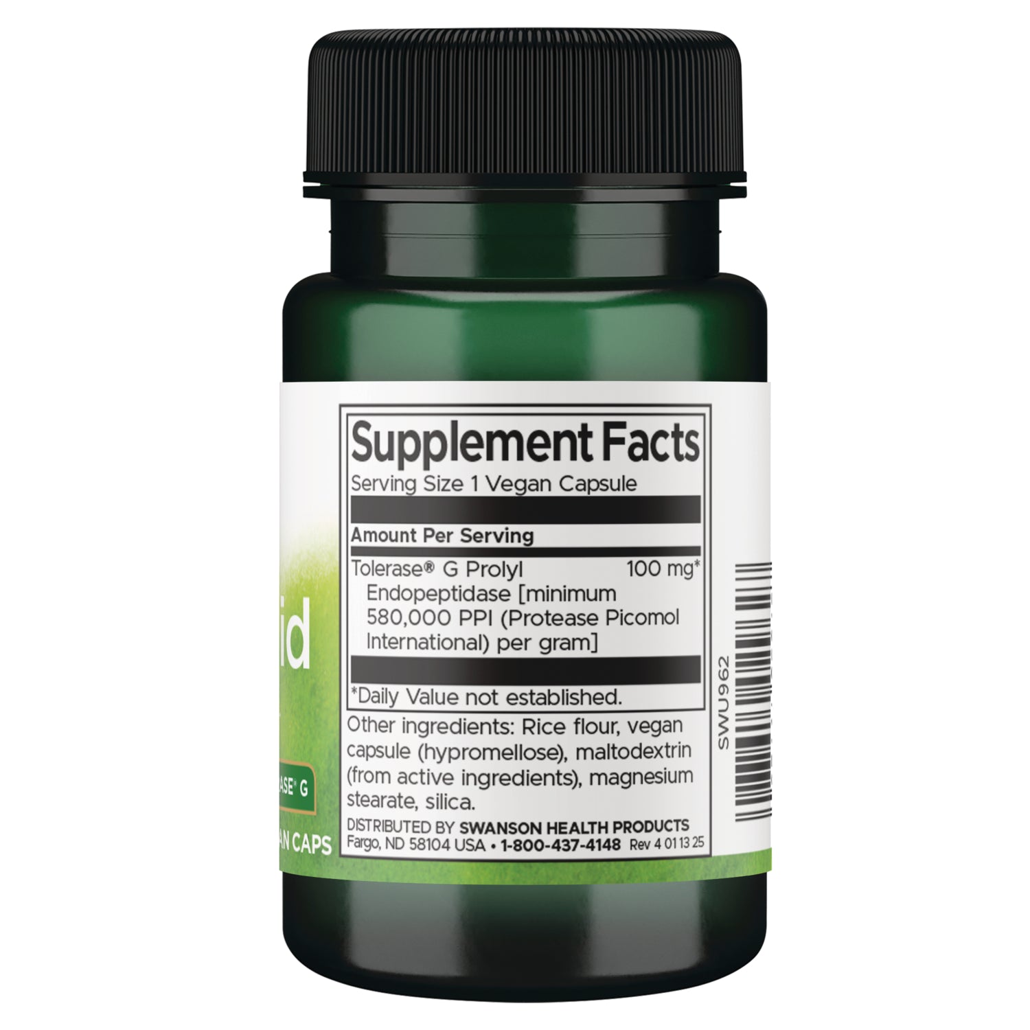 SWU962 | Back label with Supplement Facts for vegan capsule; Tolerase G Prolyl 100 mg and other ingredients list