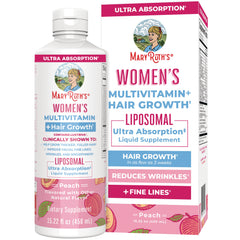 MRR024 | MaryRuth's Women's Multivitamin + Hair Growth liposomal liquid supplement bottle and box, peach 15.22 fl oz