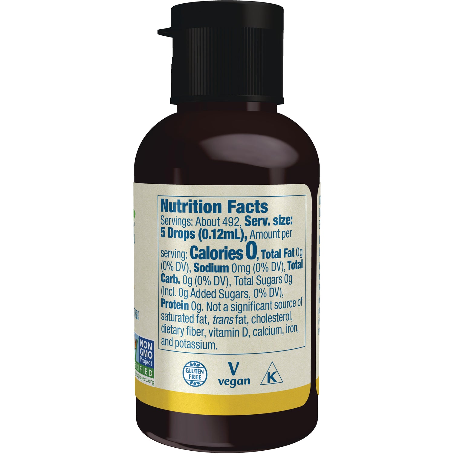NWF1036 | Back label showing Nutrition Facts, serving size 5 Drops (0.12mL), Calories 0, gluten free and vegan icons