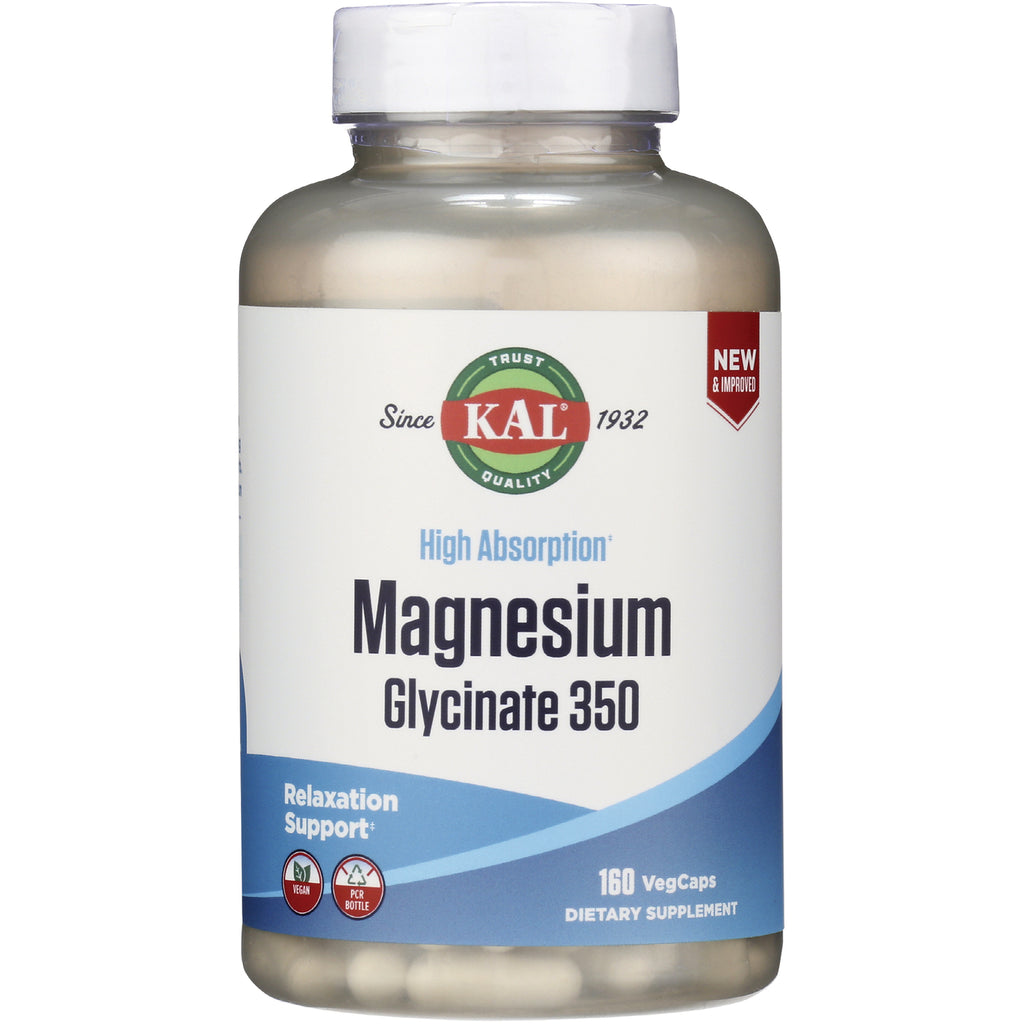 KL564 | Bottle of KAL Magnesium Glycinate 350 supplement, 160 VegCaps front label - Thumbnail