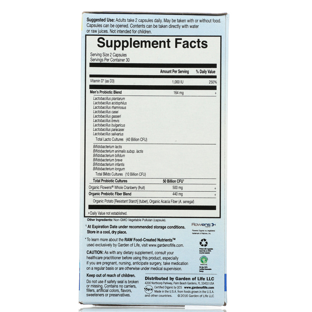 GLF223 | Supplement Facts panel showing serving size, probiotic strains, vitamin D and ingredient list on back of box - Thumbnail