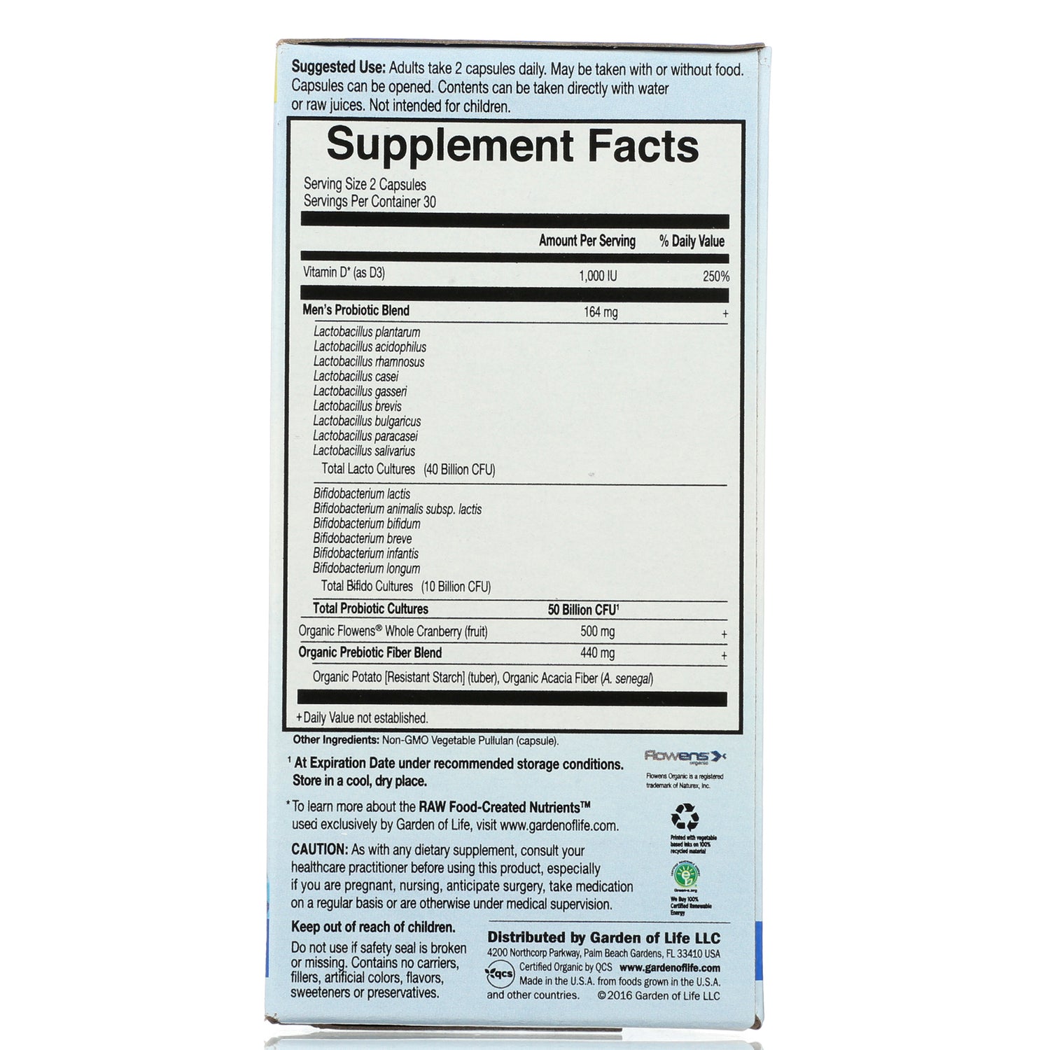 GLF223 | Supplement Facts panel showing serving size, probiotic strains, vitamin D and ingredient list on back of box