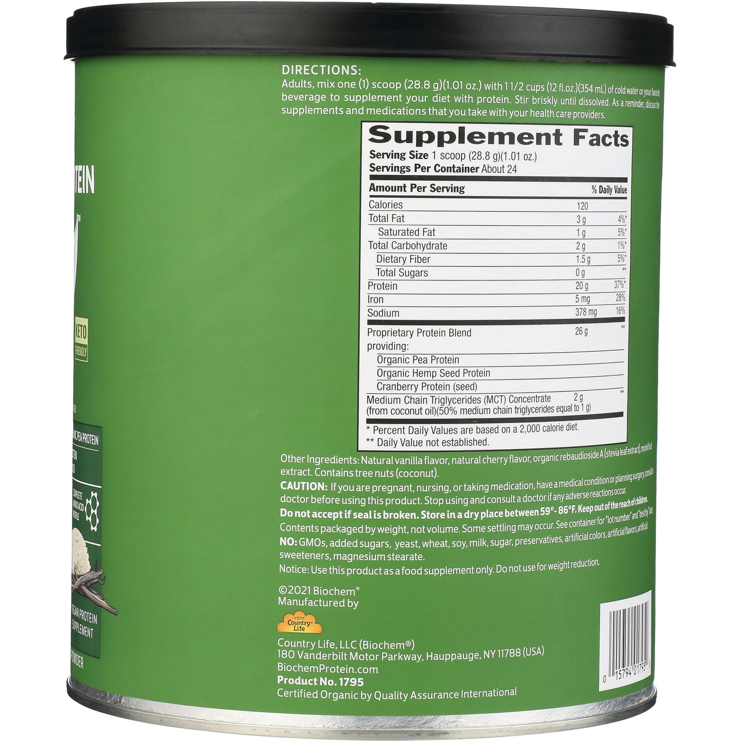CRL603 | Back of green supplement can showing Supplement Facts panel, directions, ingredients and barcode