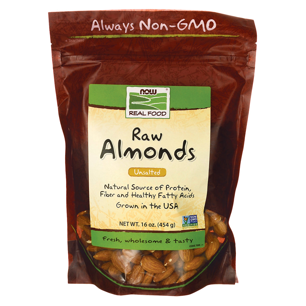 NWF927 | Now Real Food raw unsalted almonds 16 oz bag front packaging labeled Always Non-GMO - Thumbnail
