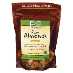 NWF927 | Now Real Food raw unsalted almonds 16 oz bag front packaging labeled Always Non-GMO