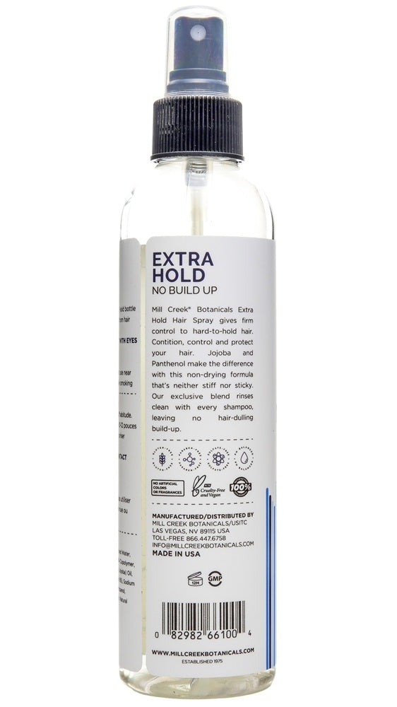 MCB030 | Back label of clear spray bottle reading EXTRA HOLD NO BUILD UP with ingredients and barcode - Thumbnail