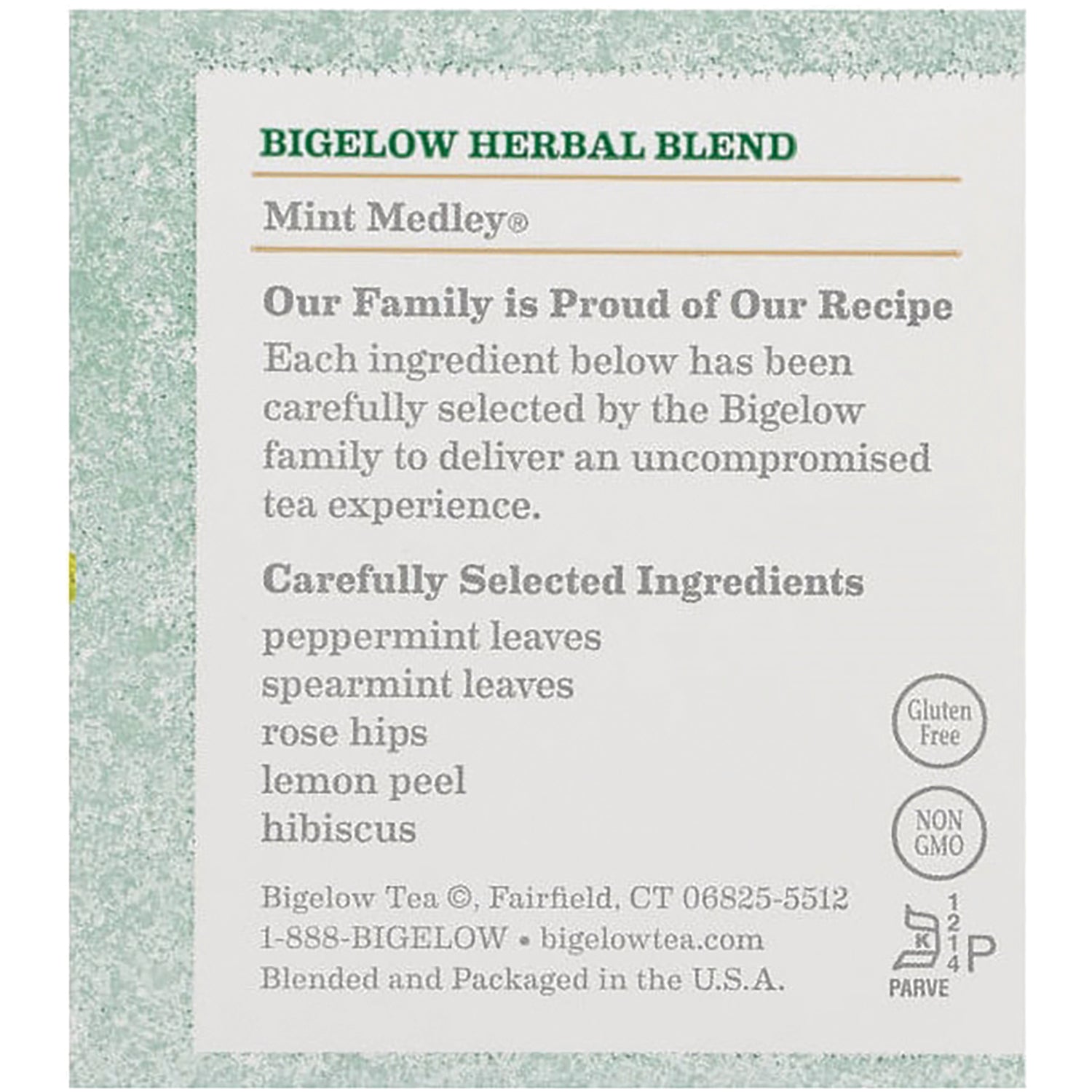 BGT003 | Back panel listing ingredients: peppermint, spearmint, rose hips, lemon peel, hibiscus; Gluten Free, Non GMO