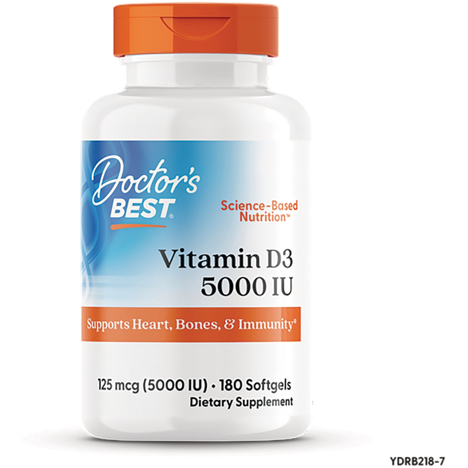 DB102 | White supplement bottle labeled Doctor's Best Vitamin D3 5000 IU, 180 softgels, supports heart, bones & immunity