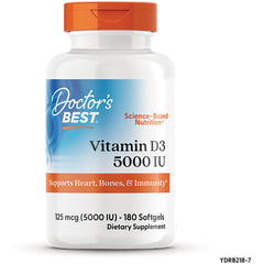 DB102 | White supplement bottle labeled Doctor's Best Vitamin D3 5000 IU, 180 softgels, supports heart, bones & immunity