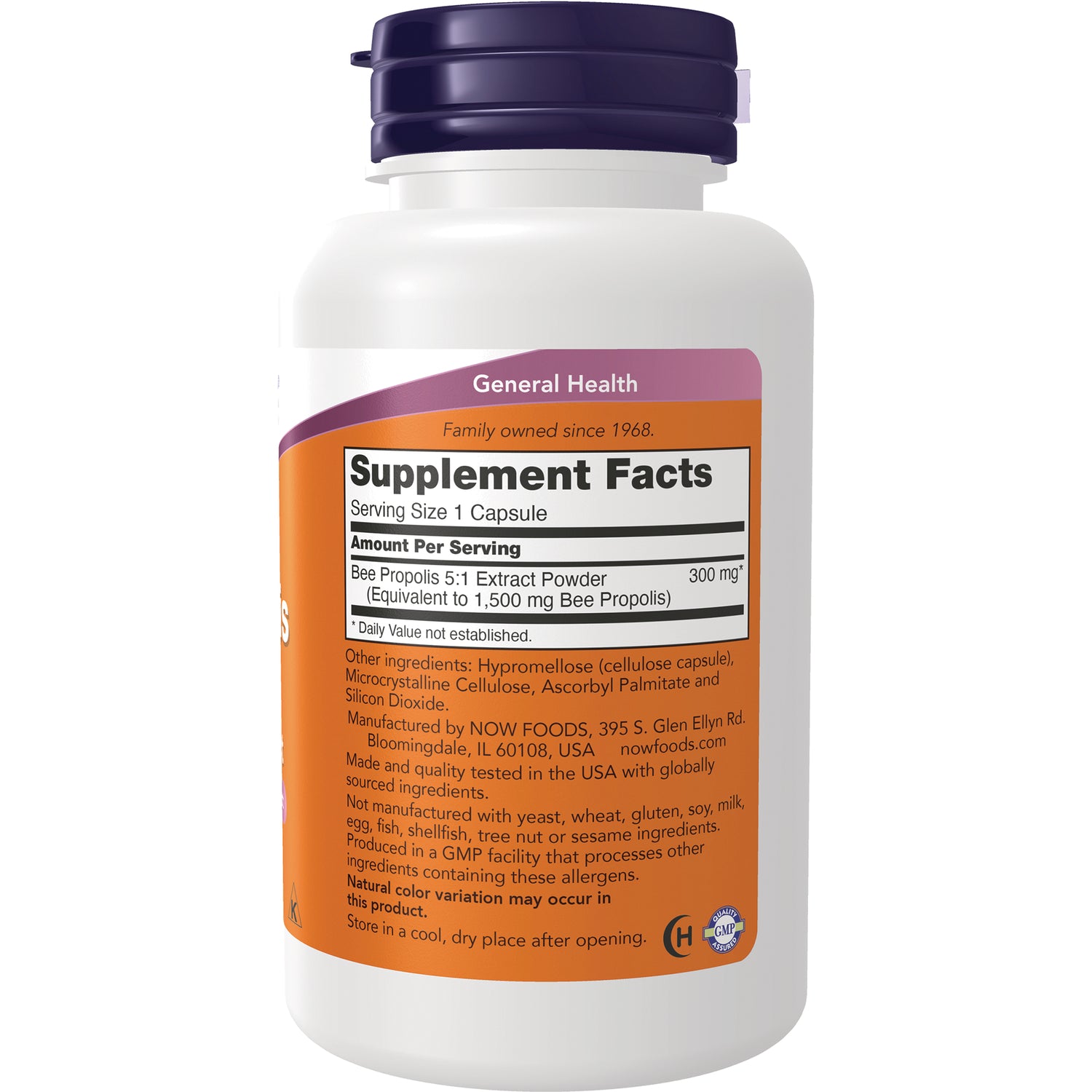 NWF268 | Back label with Supplement Facts showing Bee Propolis 5:1 Extract Powder 300 mg, serving size 1 capsule