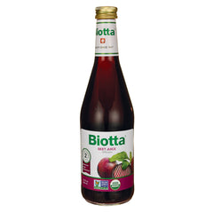 BTT002 | Biotta beet juice glass bottle with front label showing Biotta BEET JUICE 100% juice and USDA Organic