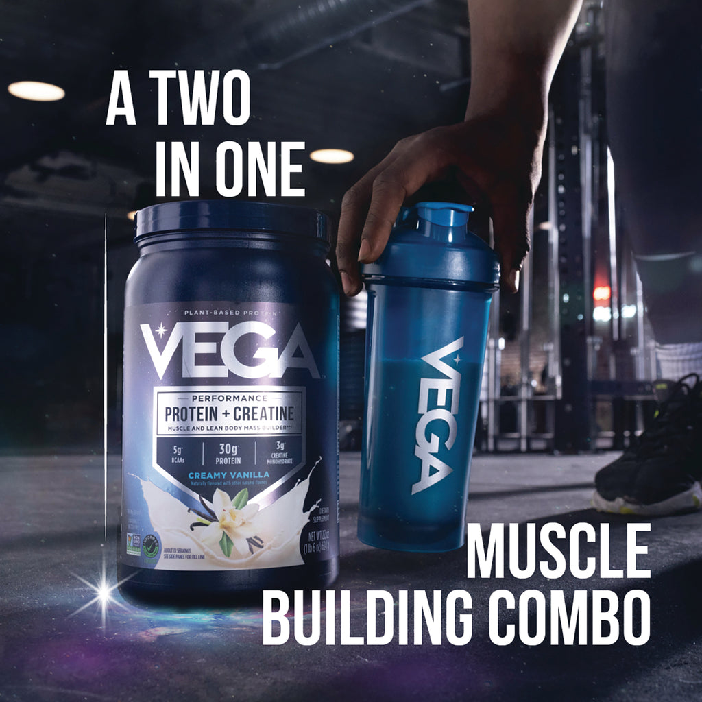 VGA009 | Vega Performance Protein + Creatine with shaker in gym, text: A TWO IN ONE, MUSCLE BUILDING COMBO - Thumbnail