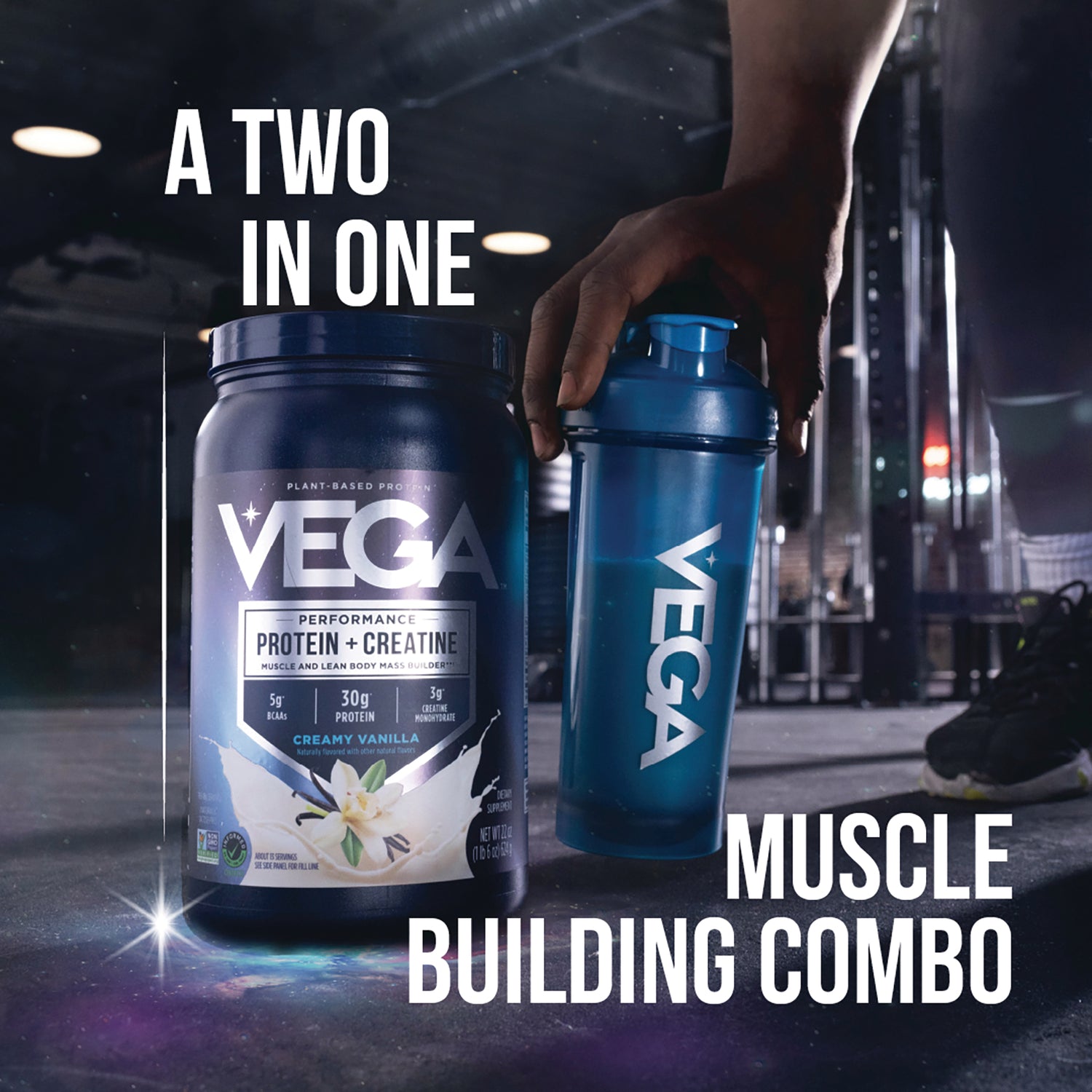 VGA009 | Vega Performance Protein + Creatine with shaker in gym, text: A TWO IN ONE, MUSCLE BUILDING COMBO