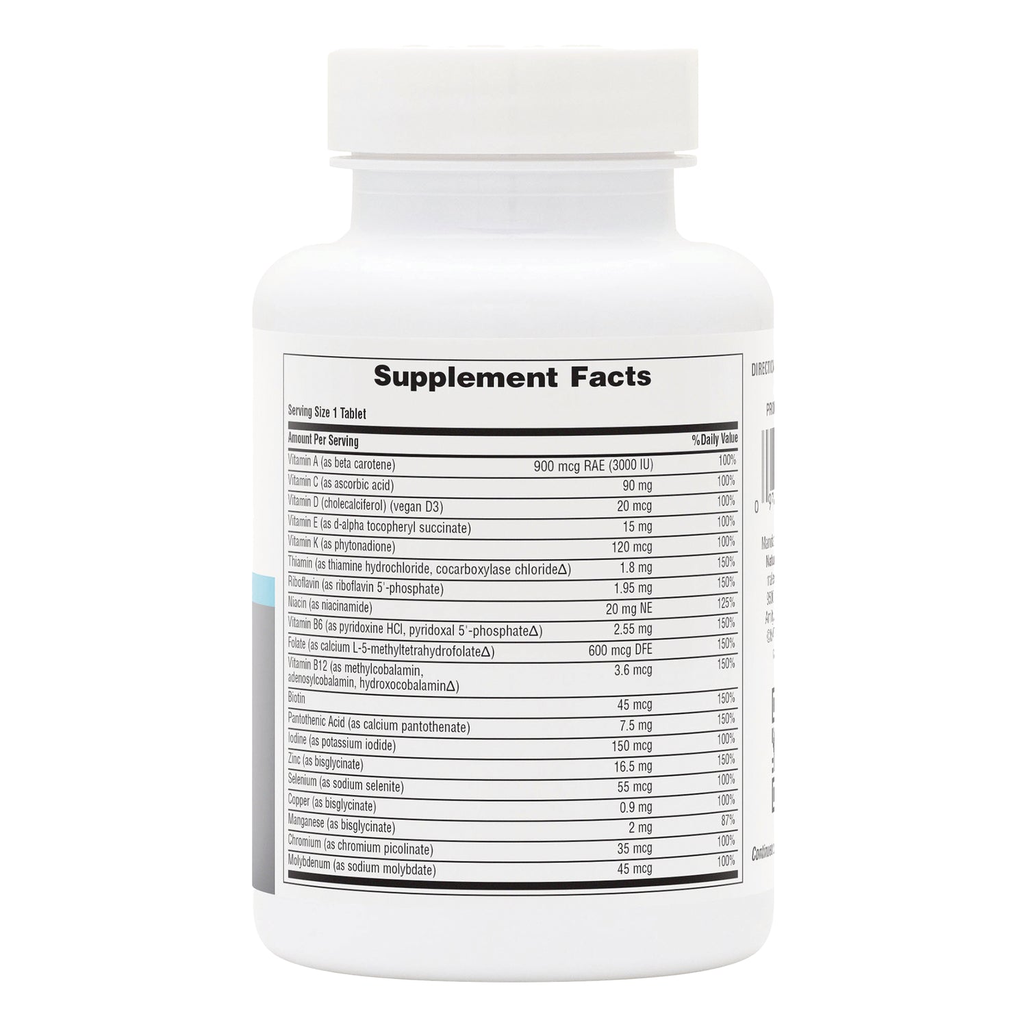 NTP351 | Back of white supplement bottle showing Supplement Facts panel listing vitamins and minerals