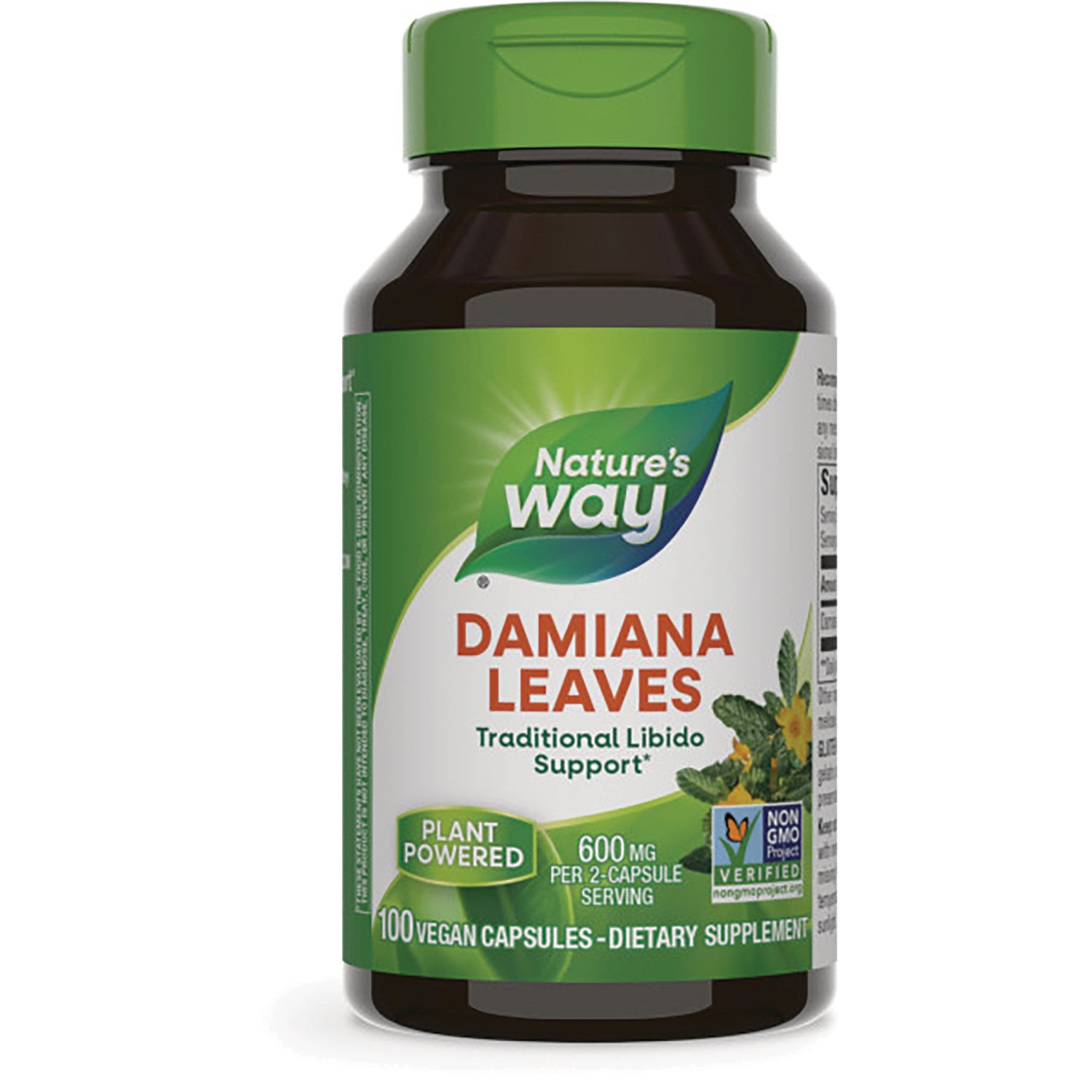 NW932 | Nature's Way Damiana Leaves supplement bottle front, 100 vegan capsules, 600 mg per 2-capsule serving