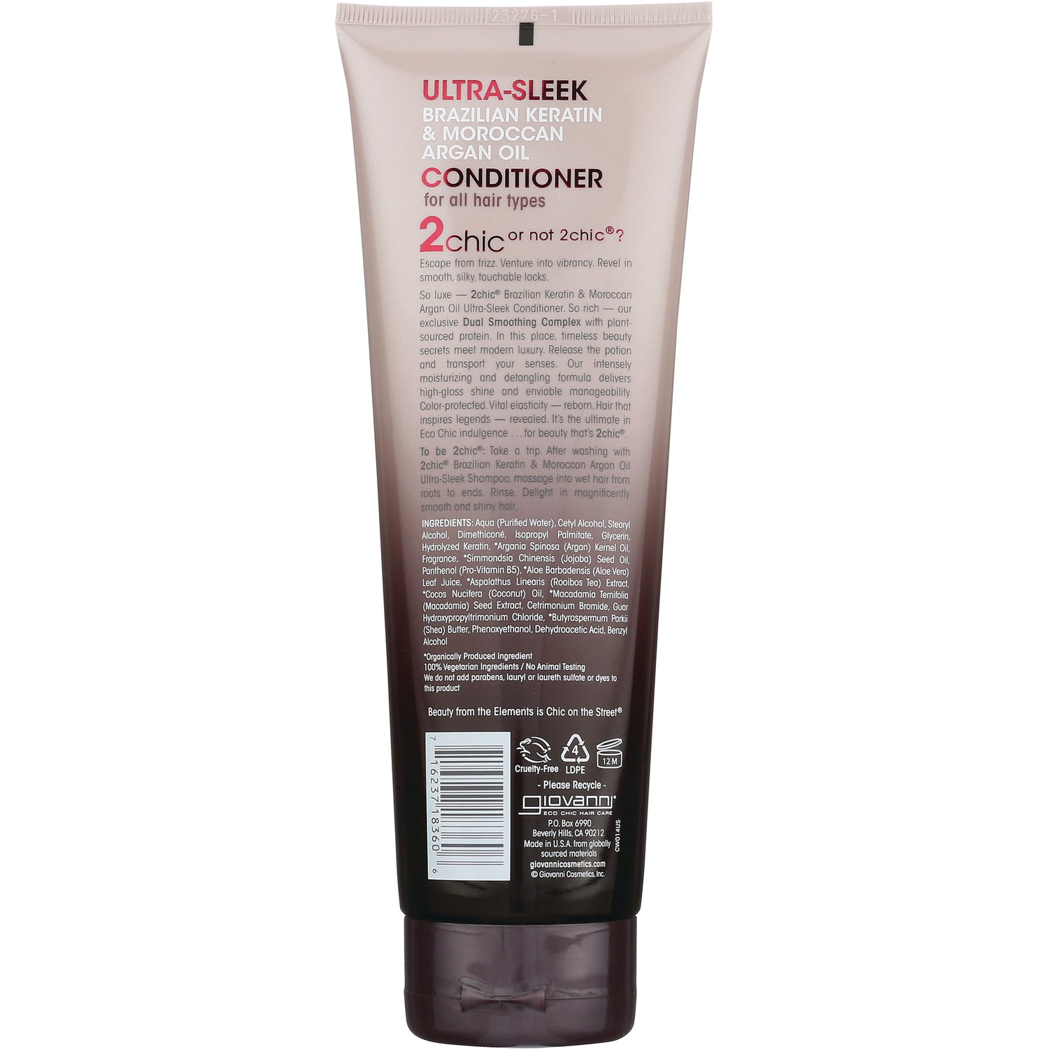 Back of Ultra-Sleek conditioner tube showing ingredients, directions, barcode, and logos