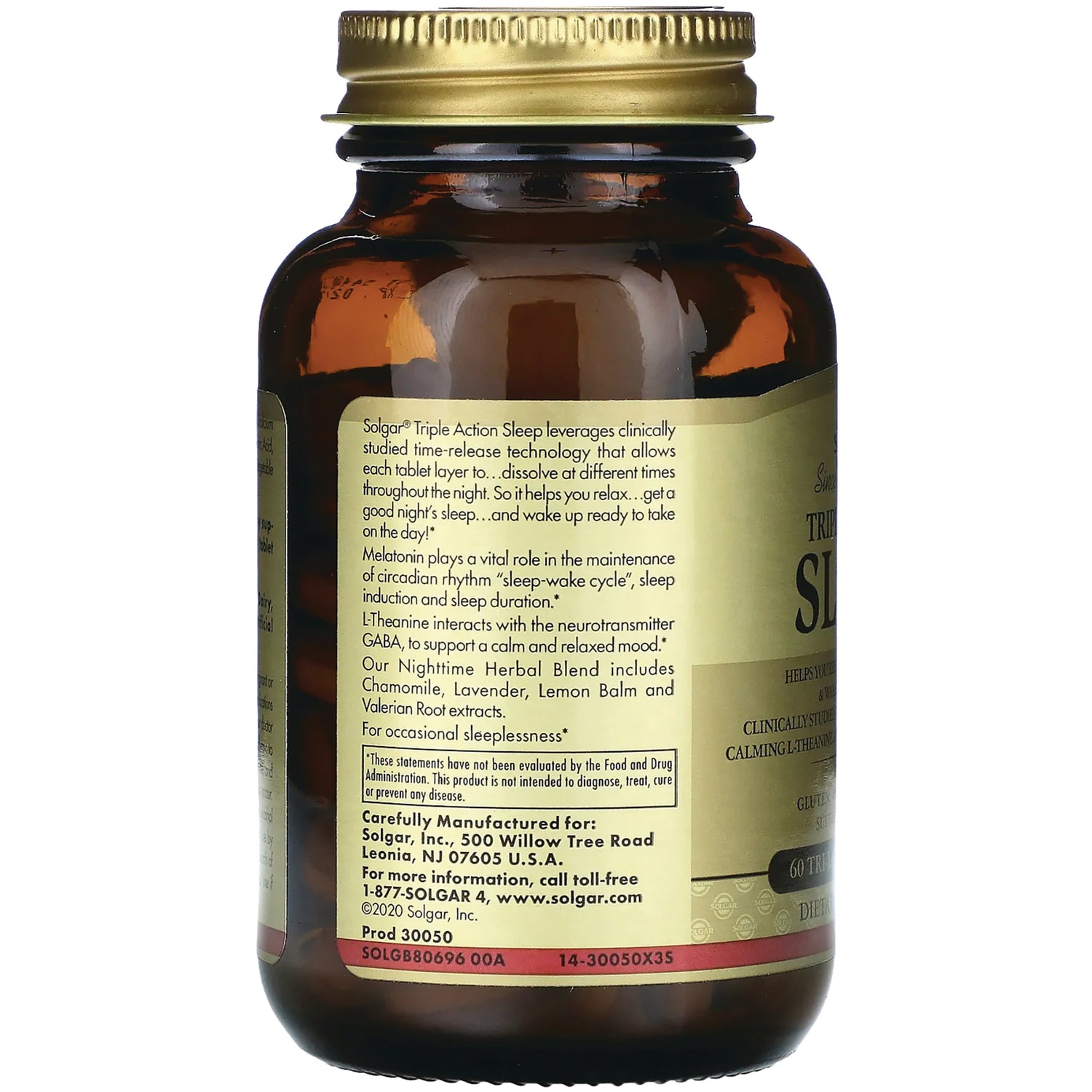 SLG372 | back label of brown glass bottle showing product information and ingredients for Triple Action Sleep