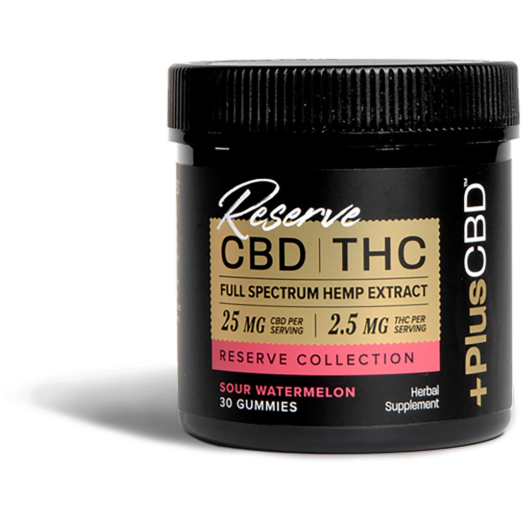 CV041 | Black jar of Reserve CBD THC full spectrum sour watermelon gummies label reading 25 mg CBD and 2.5 mg THC per serving, 30 gummies - Thumbnail