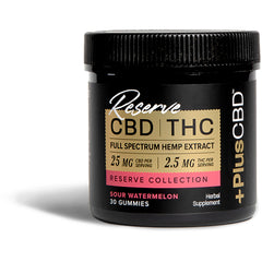 CV041 | Black jar of Reserve CBD THC full spectrum sour watermelon gummies label reading 25 mg CBD and 2.5 mg THC per serving, 30 gummies