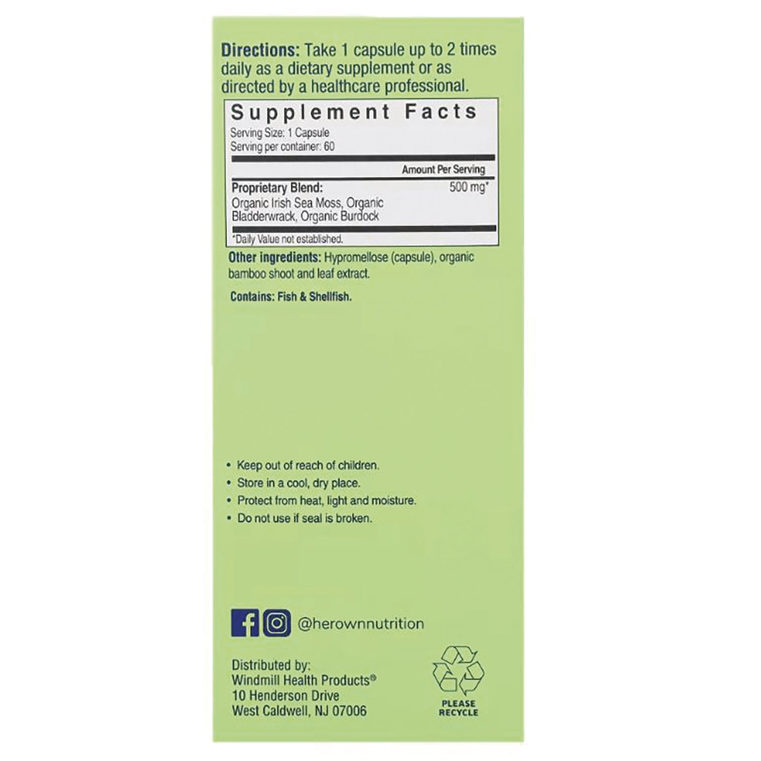 HO007 | back panel of green supplement box showing Directions, Supplement Facts, other ingredients and Contains Fish & Shellfish