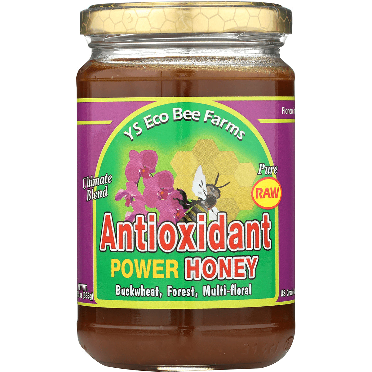 YS021 | YS Eco Bee Farms Antioxidant Power Honey jar, Pure Raw, Ultimate Blend, Buckwheat, Forest, Multi-floral