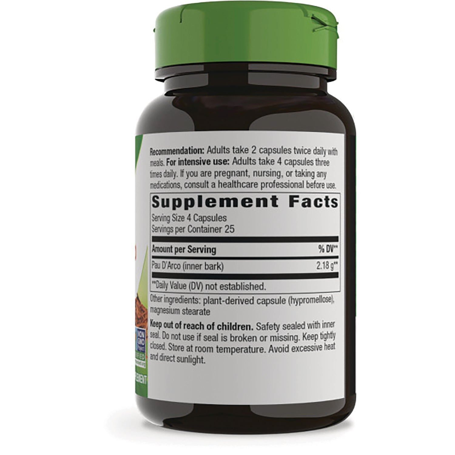 NW159 | Back of brown supplement bottle showing Supplement Facts label and dosage and safety text