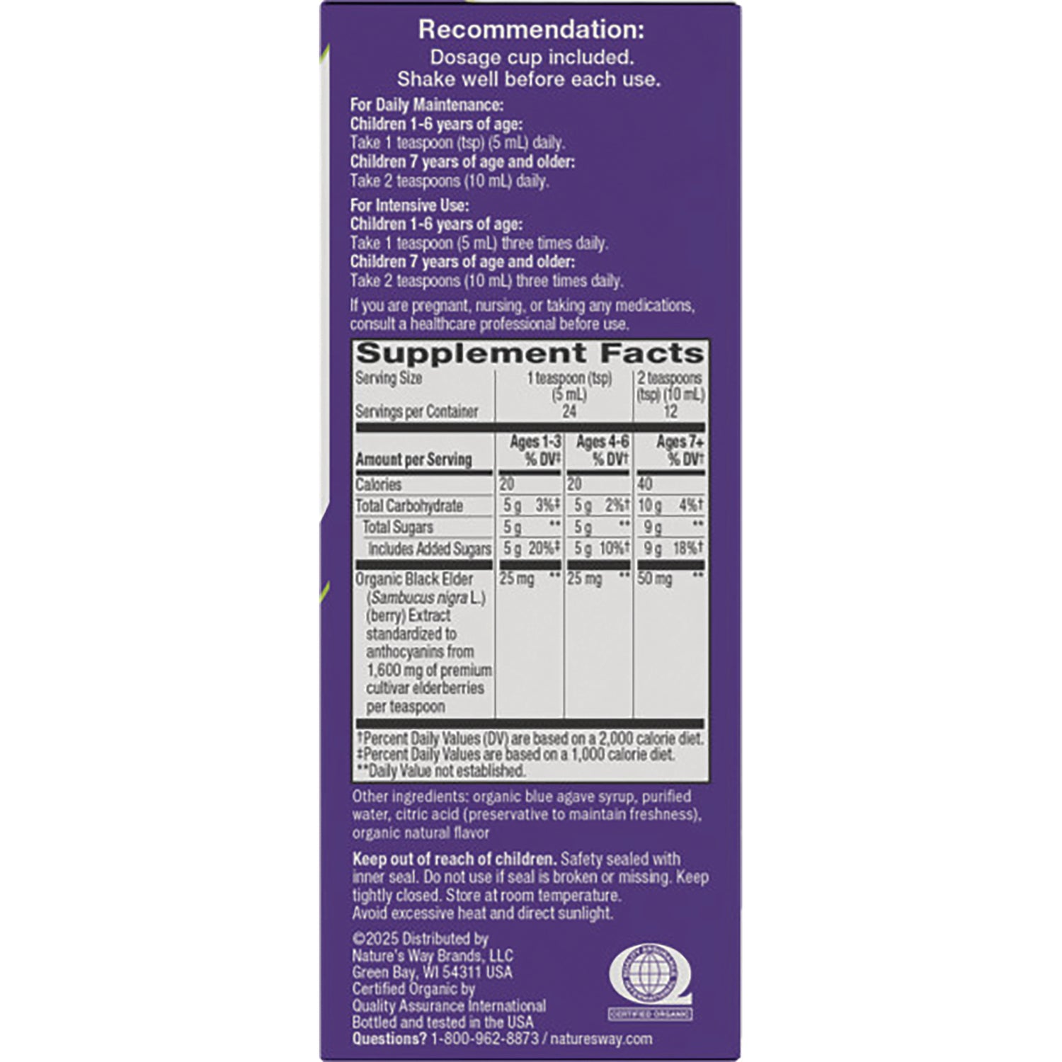 NW807 | Back of purple product box showing Recommendation and Supplement Facts panel with dosage and ingredients