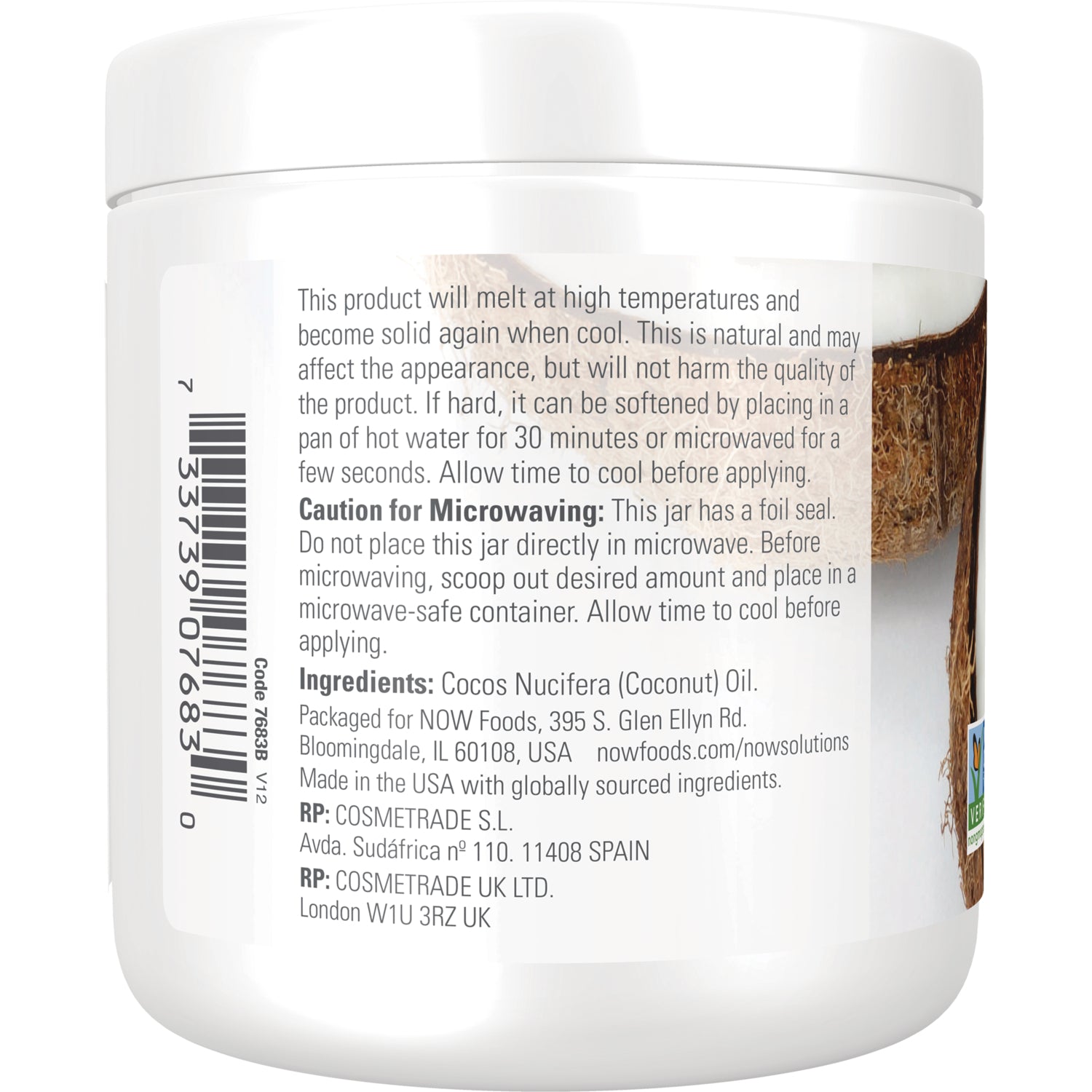 NWF1102 | Back label of white jar showing barcode, cautions and microwaving instructions, and ingredients listing Cocos Nucifera (Coconut) Oil