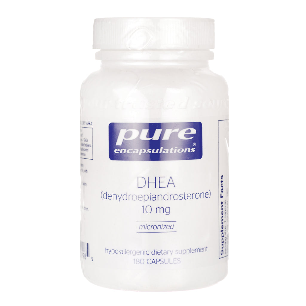 PRN077 | White Pure Encapsulations DHEA 10 mg supplement bottle labeled 180 capsules - Thumbnail