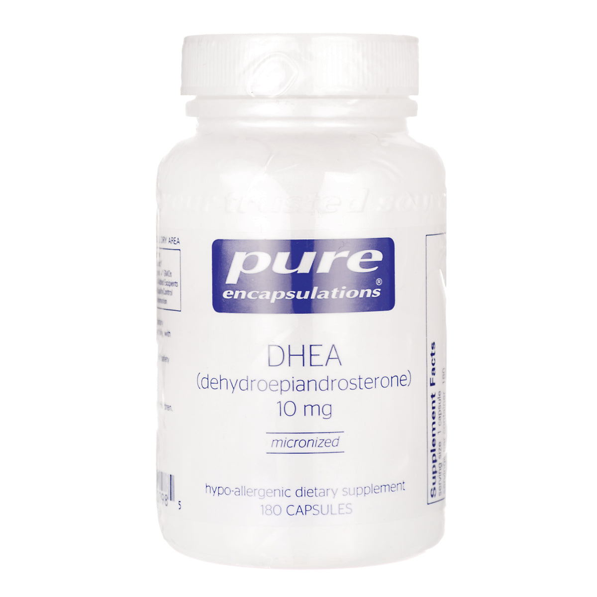 PRN077 | White Pure Encapsulations DHEA 10 mg supplement bottle labeled 180 capsules