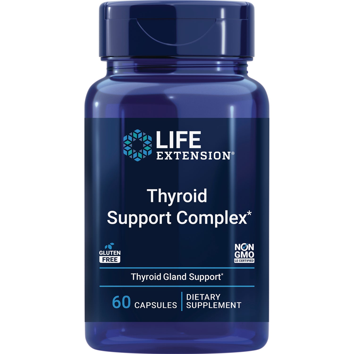 LE393 | Front view of Life Extension Thyroid Support Complex dietary supplement bottle, 60 capsules, gluten free, non-GMO