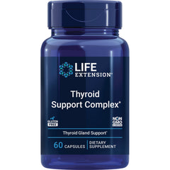 LE393 | Front view of Life Extension Thyroid Support Complex dietary supplement bottle, 60 capsules, gluten free, non-GMO