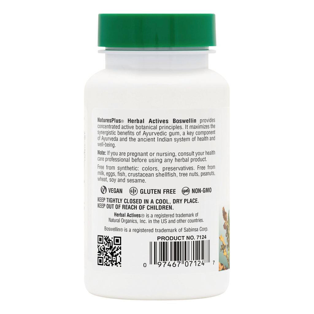 NTP307 | NaturesPlus Herbal Actives Boswellin bottle back label with vegan, gluten free, and non-GMO icons - Thumbnail