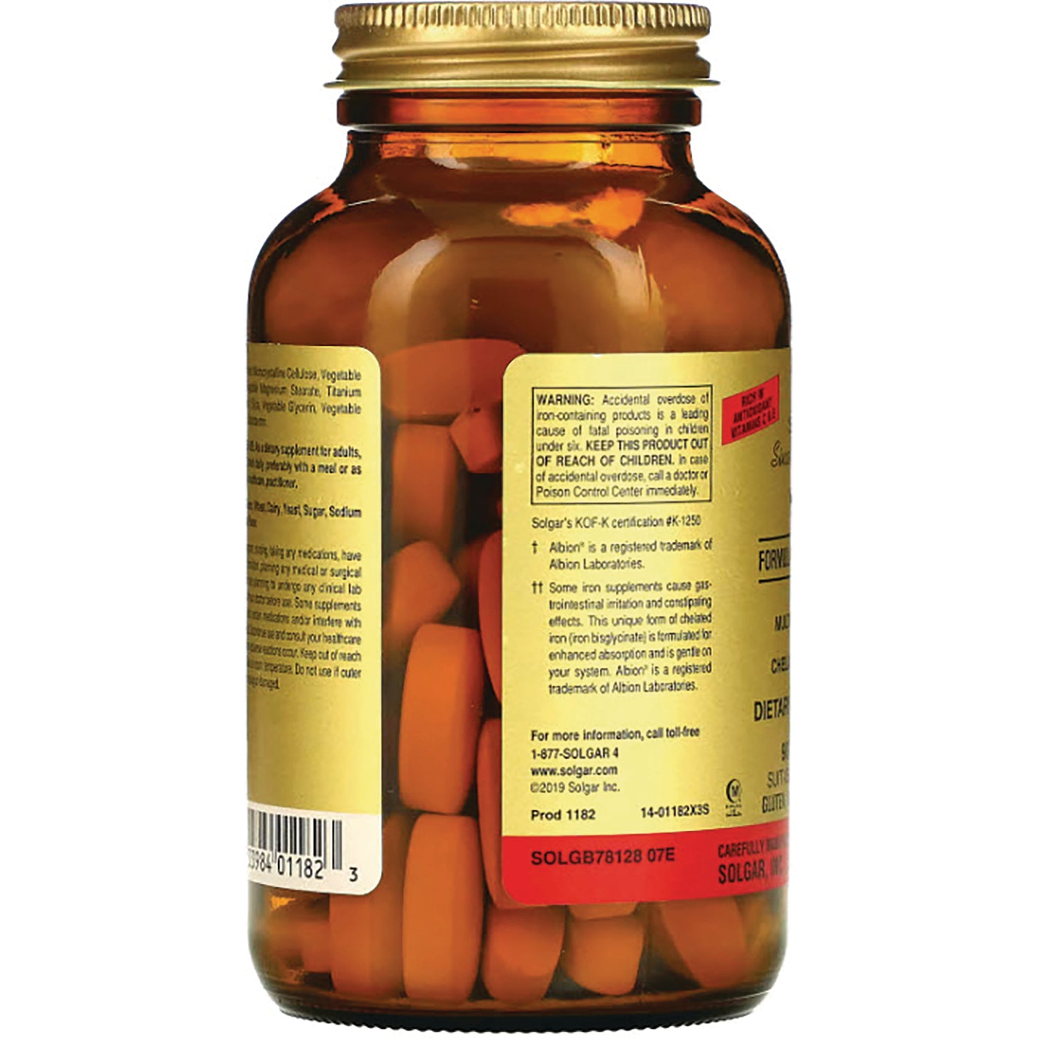 SLG223 | amber glass supplement bottle back showing warning label, barcode, and orange tablets inside