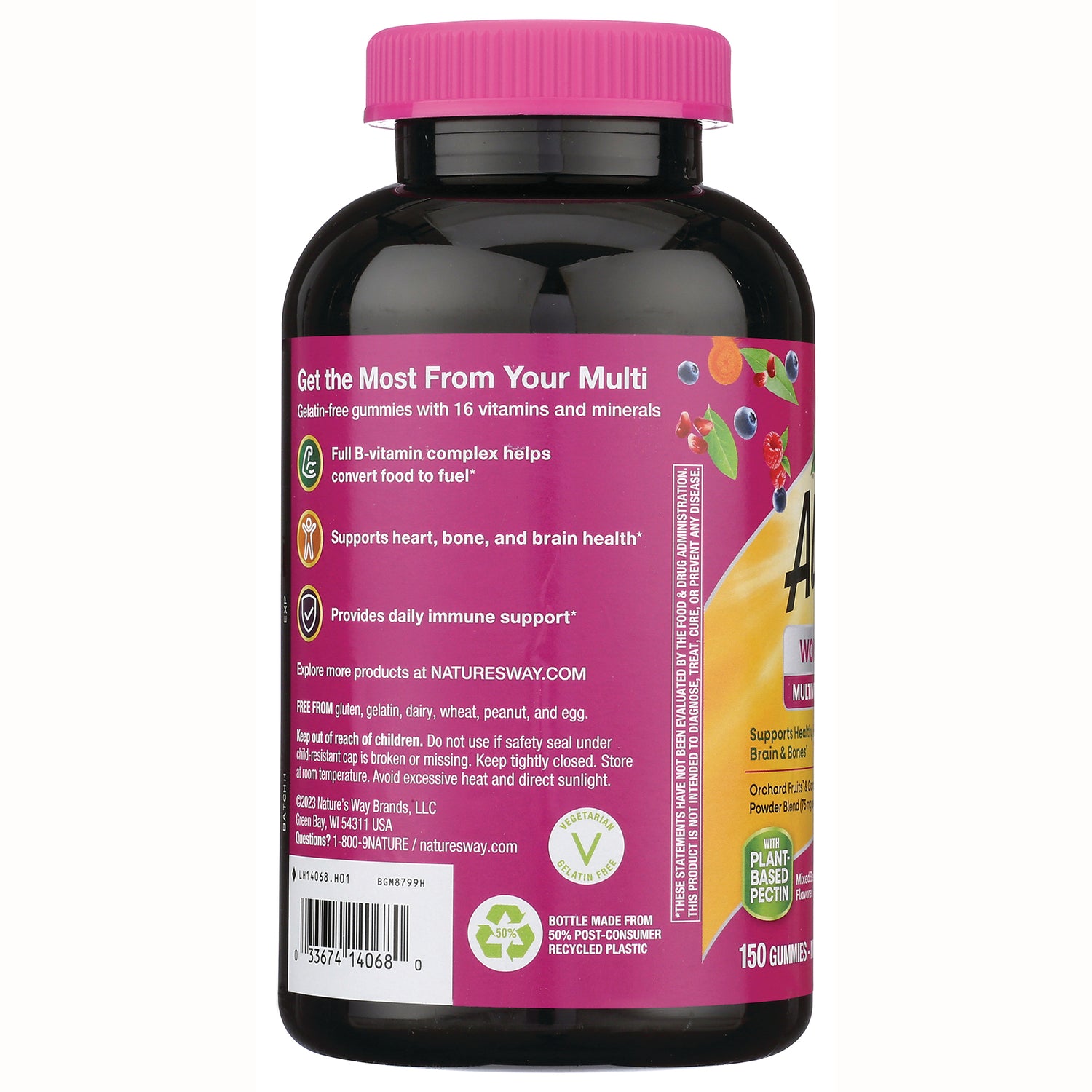 NW1034 | Product infographic on back label of pink multivitamin gummy bottle reading Get the Most From Your Multi