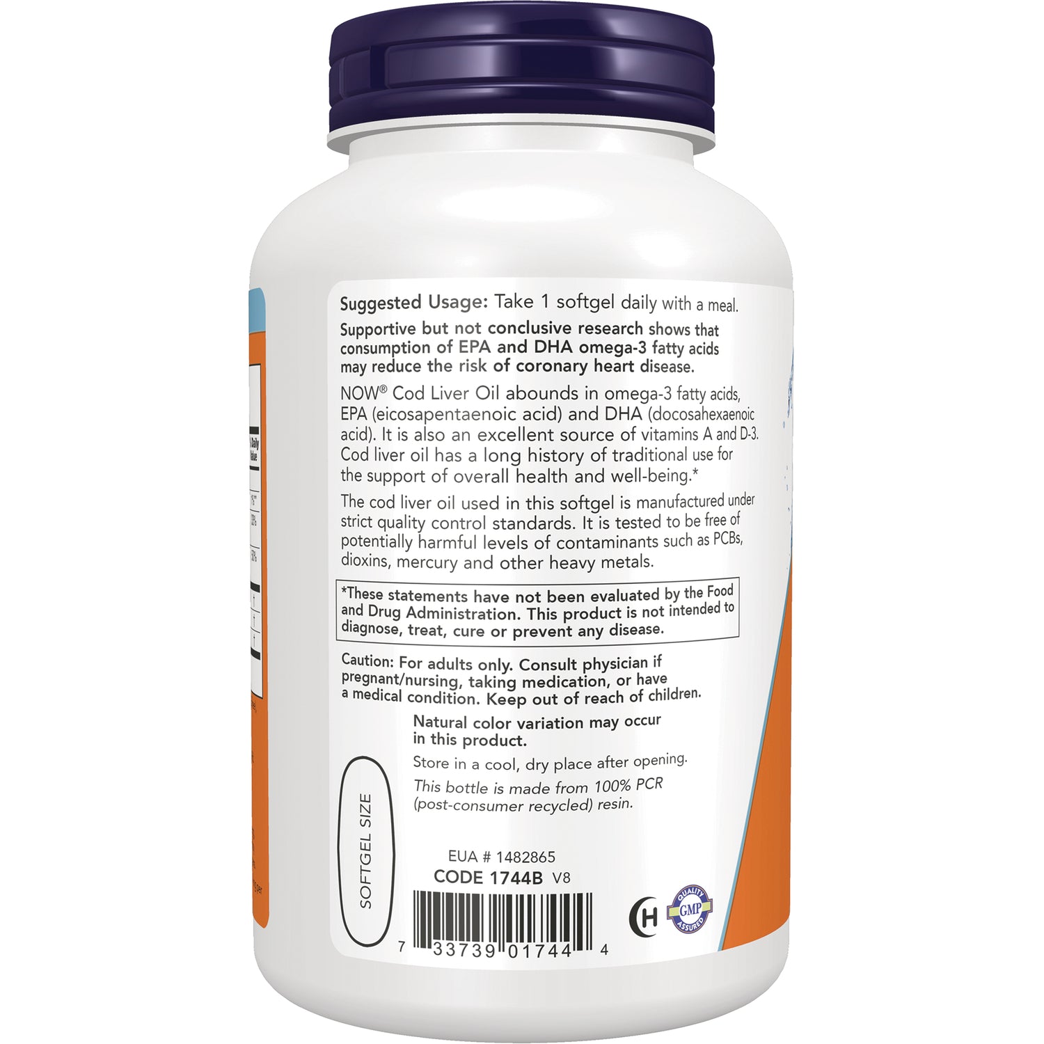 NWF1430 | Back label of cod liver oil softgel bottle showing suggested usage, caution, and barcode