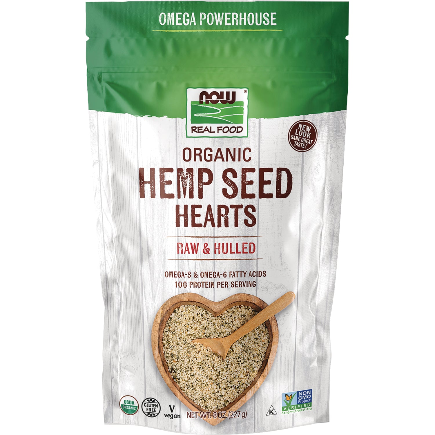 NWF1198 | NOW Real Food organic Hemp Seed Hearts pouch, raw & hulled, heart-shaped bowl of seeds with wooden spoon