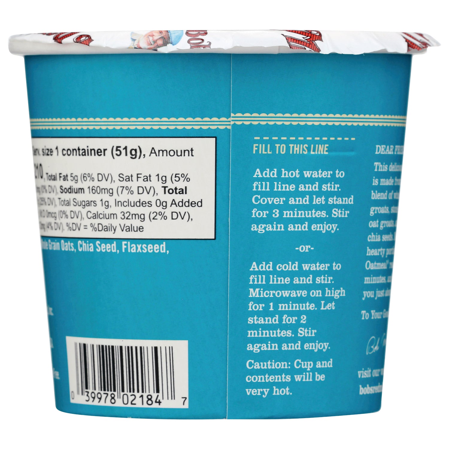 BOB226 | Back of blue instant oatmeal cup showing fill line, cooking instructions and barcode