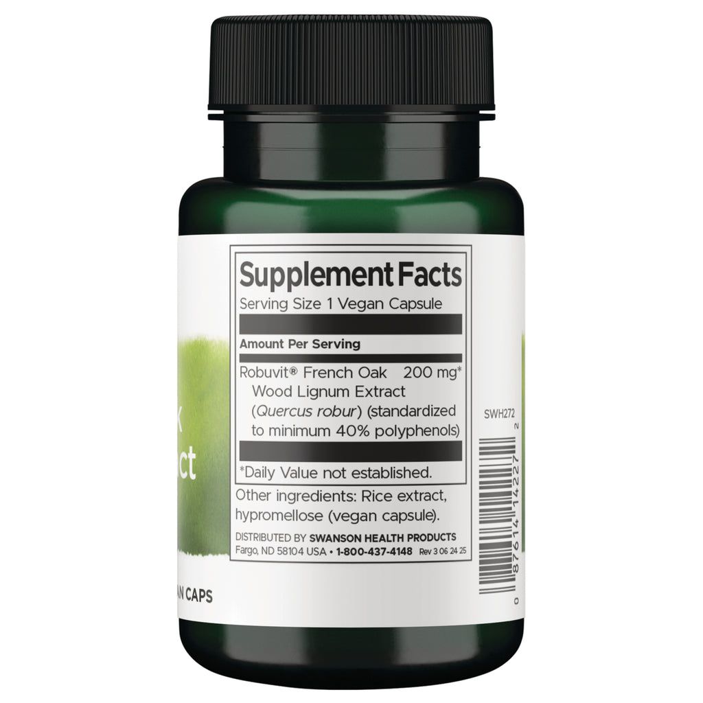 SWH272 | Back label with Supplement Facts: serving size 1 vegan capsule, Robuvit French oak wood extract 200 mg - Thumbnail