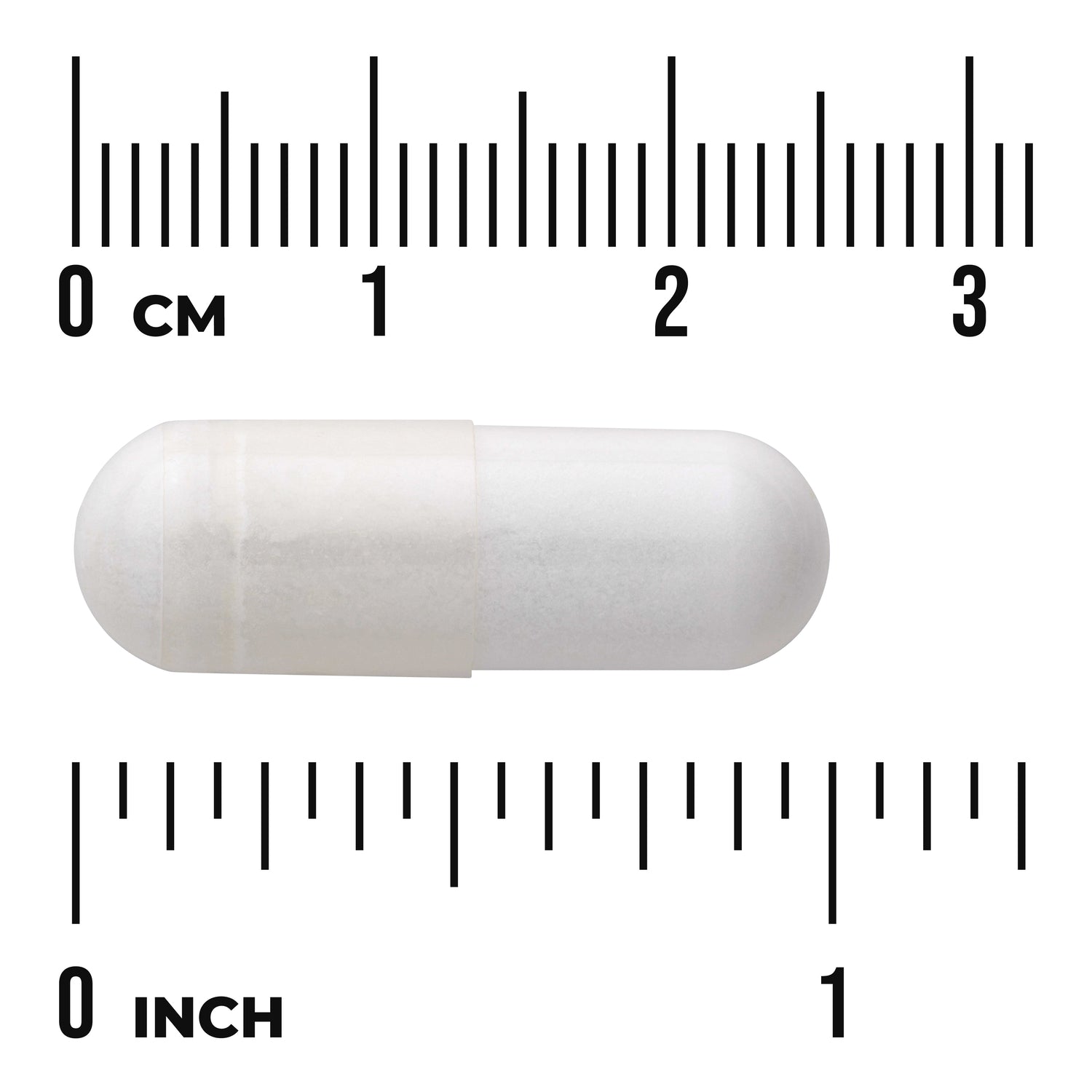 SW1910 | White capsule centered between centimeter and inch rulers showing size, visible text CM and INCH