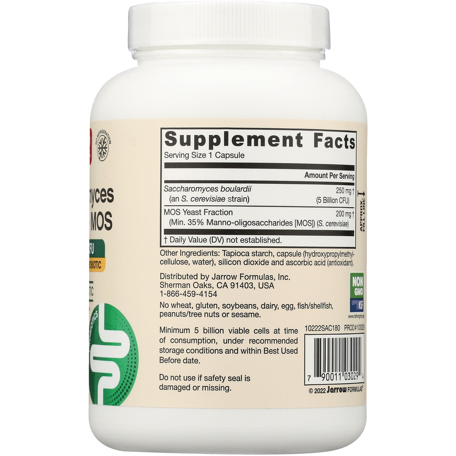 JR329 | back label showing Supplement Facts panel, ingredient list, distributor address and barcode on white bottle