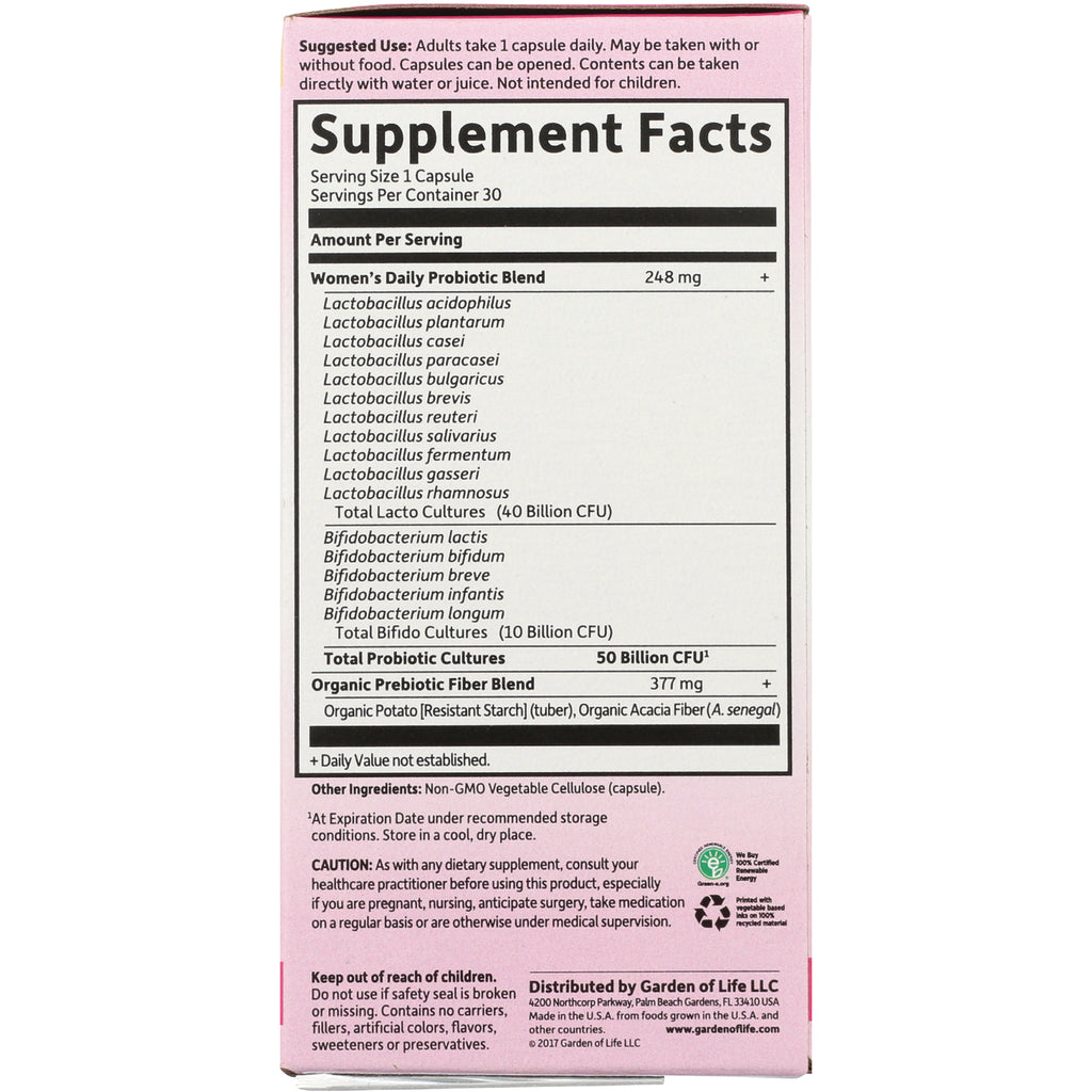 GLF208 | Back panel showing Supplement Facts with women's daily probiotic blend, CFU counts, serving size, ingredients and caution text - Thumbnail