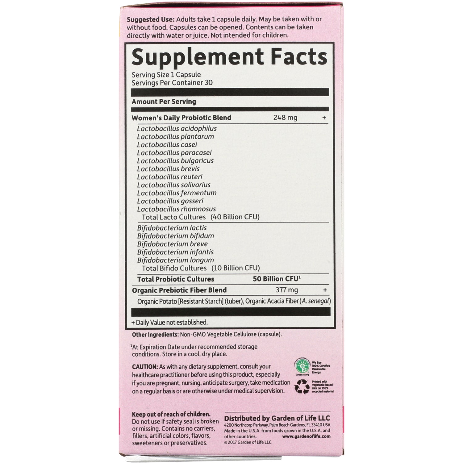 GLF208 | Back panel showing Supplement Facts with women's daily probiotic blend, CFU counts, serving size, ingredients and caution text