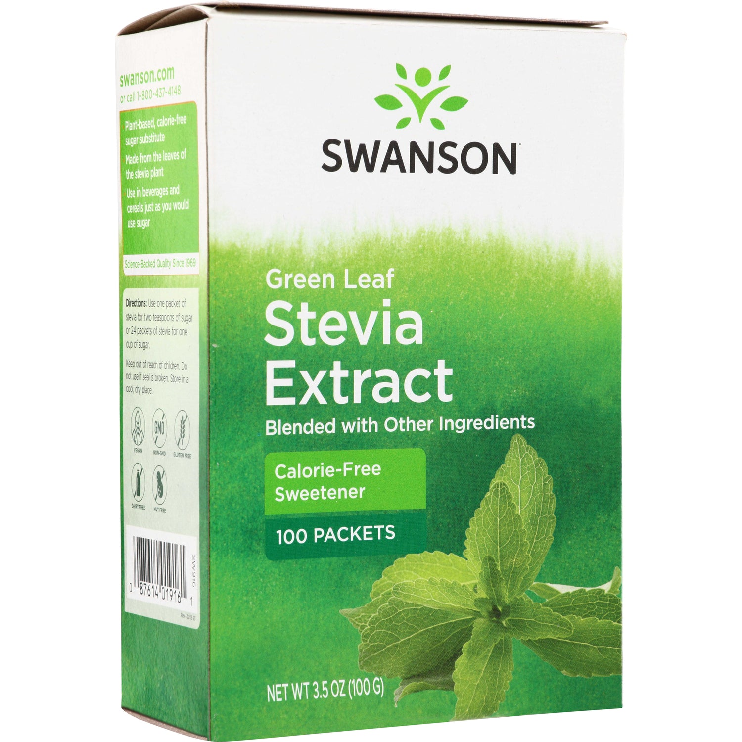SW916 | Swanson Green Leaf Stevia Extract, 100 packets, calorie-free sweetener box