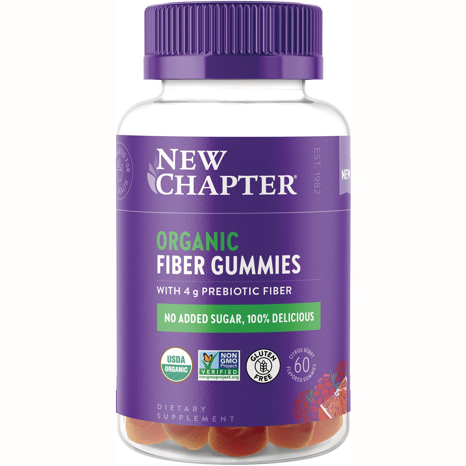 NWC389 | New Chapter organic fiber gummies bottle with purple label, 60 citrus-berry gummies, no added sugar