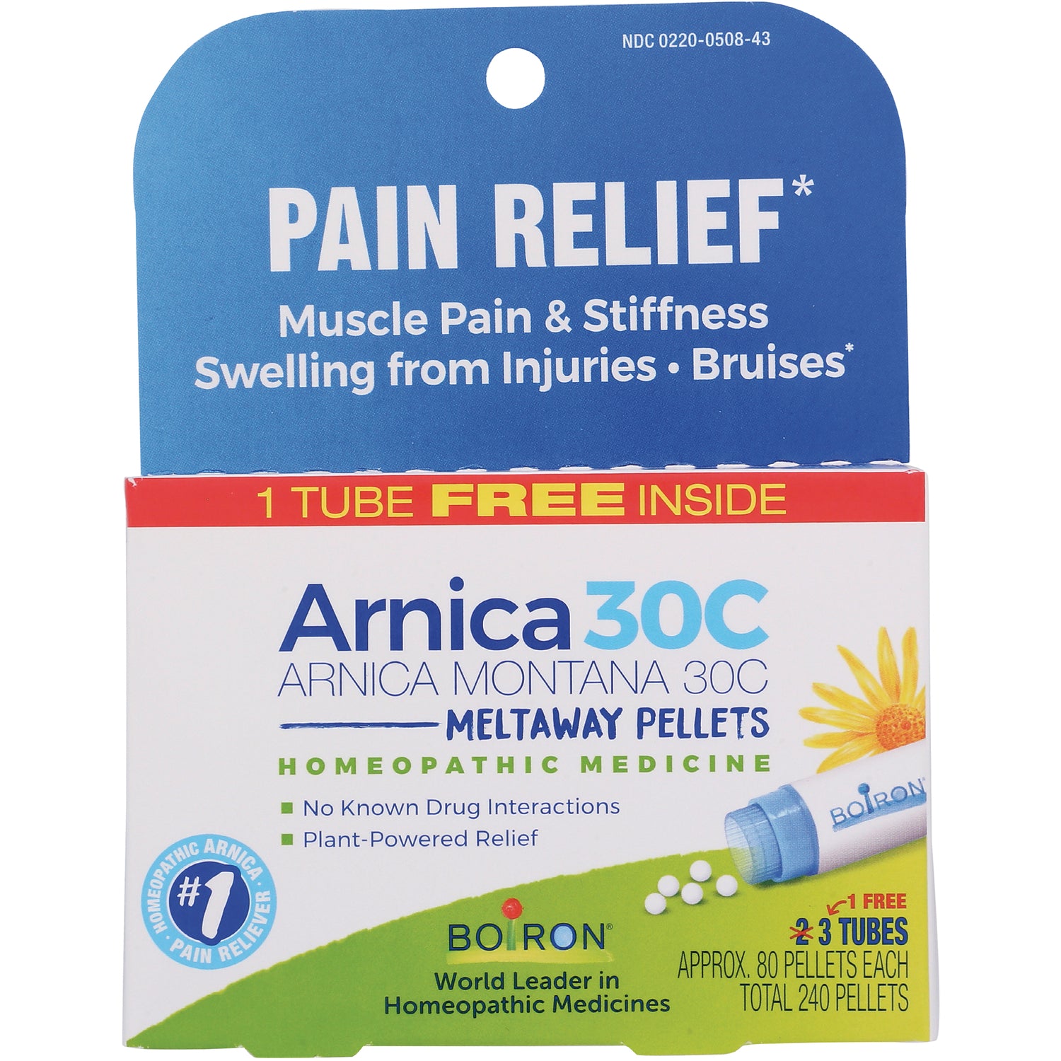 BRN099 | Arnica 30C homeopathic meltaway pellets box labeled Pain Relief, Arnica montana 30C, Boiron packaging