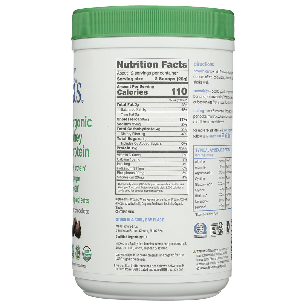 TER009 | Back label of organic whey protein powder with Nutrition Facts, directions, and certifications - Thumbnail