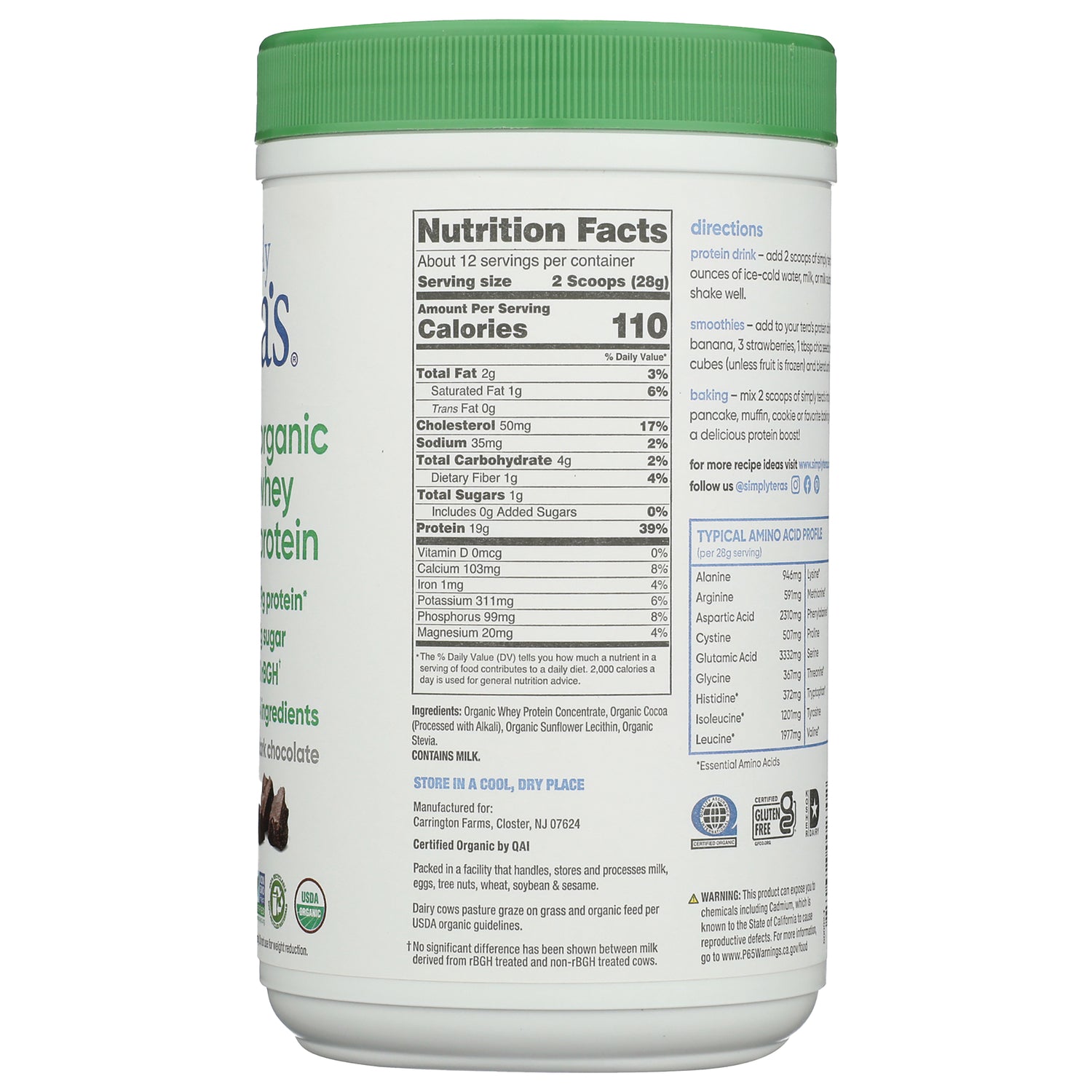 TER009 | Back label of organic whey protein powder with Nutrition Facts, directions, and certifications